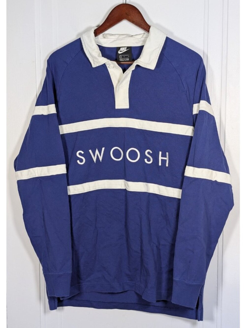 Nike Polo Shirt Mens Sz Large Blue White Swoosh Rugby Long Sleeve Stripe Collar